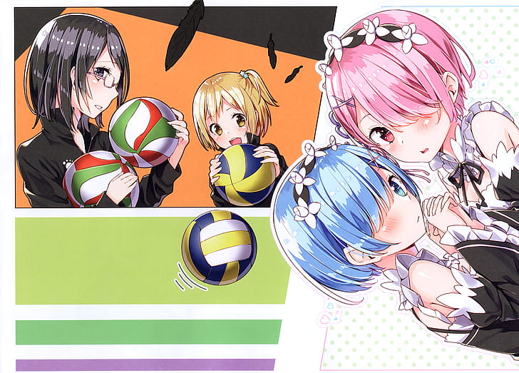 Anime, Crossover, Haikyū!!, Hitoka Yachi, Kiyoko Shimizu, Ram (Re:ZERO), HD wallpaper
