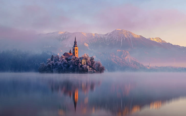 lake, Slovenia, Lake Bled, island, castle, mountains, mist