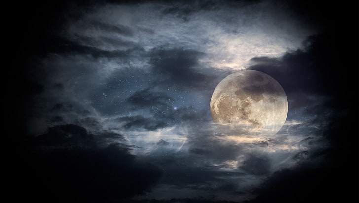 gray moon with clouds, night, moonlight, sky, full moon, cloud - sky