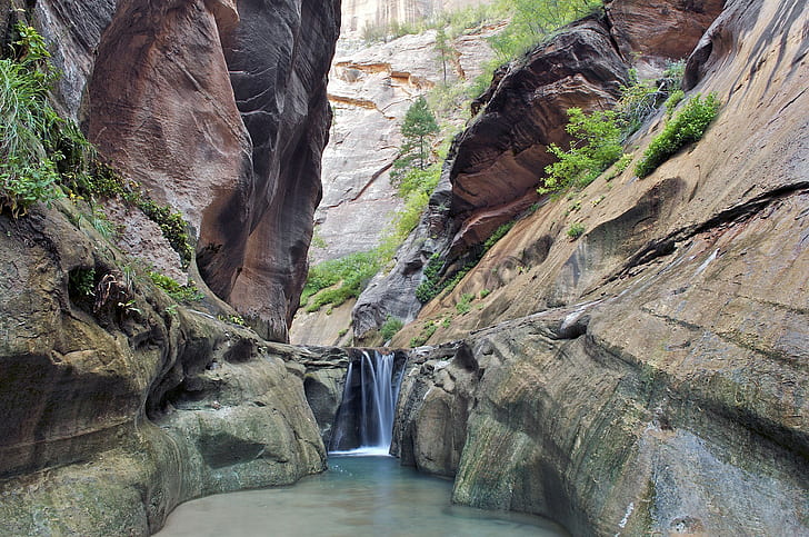 Zion National Park, USA, rocks, river, trees, waterfall, Utah, HD wallpaper