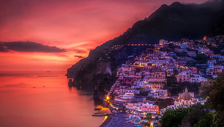 sea, mountains, night, lights, rocks, Italy, Positano