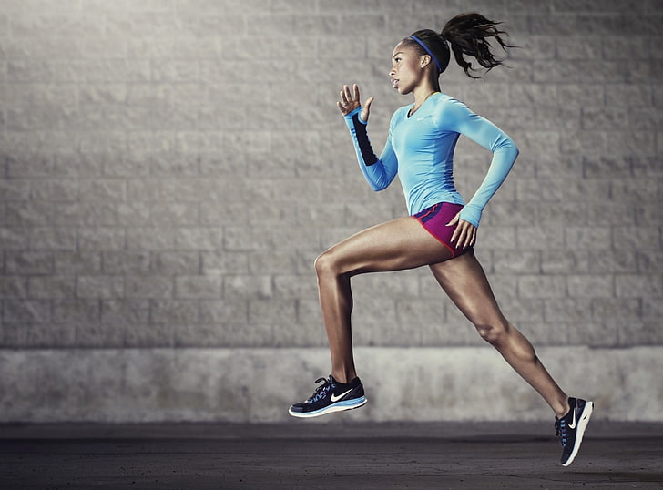 Jogging, women's blue long-sleeved shirt, Sports, Running, Girl, HD wallpaper