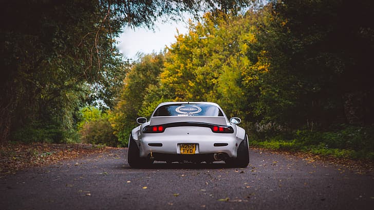 Mazda RX-7, car, vehicle, tuning, JDM, road, forest, trees, HD wallpaper