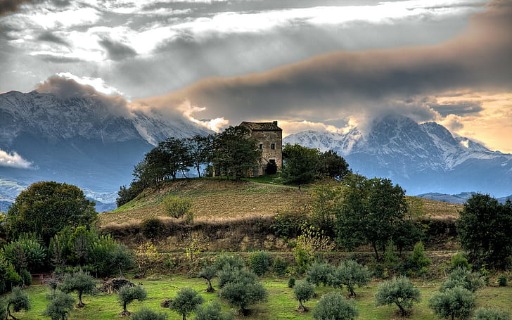 landscape, nature, sky, HDR, mountains, house, clouds