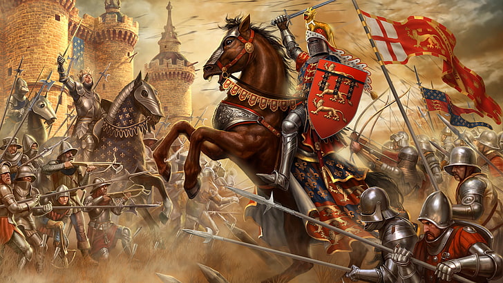 gray knights illustration, fortress, warriors, The battle of Crecy