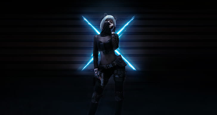 dark, artwork, women, weapon, cyberpunk, HD wallpaper