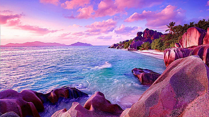 nature, sky, sea, purple, shore, coast, rock, ocean, la digue, HD wallpaper