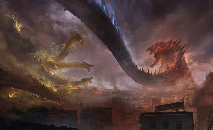Godzilla, King Ghidorah, digital art, kaiju, creature, Chi Huei Chen