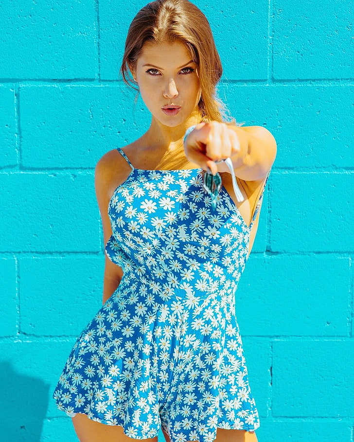 Amanda Cerny, model, women, brunette, dress, blue eyes, looking at viewer, HD wallpaper