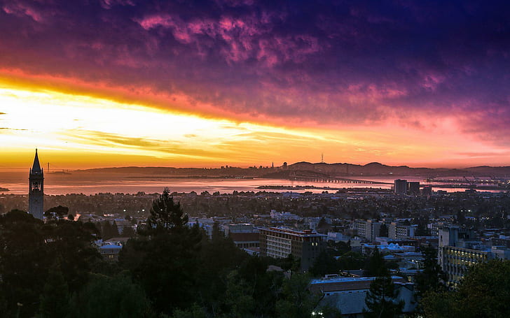 UC Berkeley sunset, California, cityscape photograph, world, 1920x1200