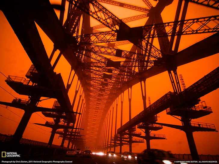 black and brown metal frame, National Geographic, bridge, traffic