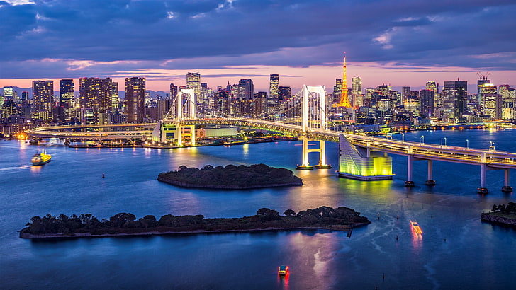 white suspension bridge, Tokyo, Japan, city, architecture, built structure