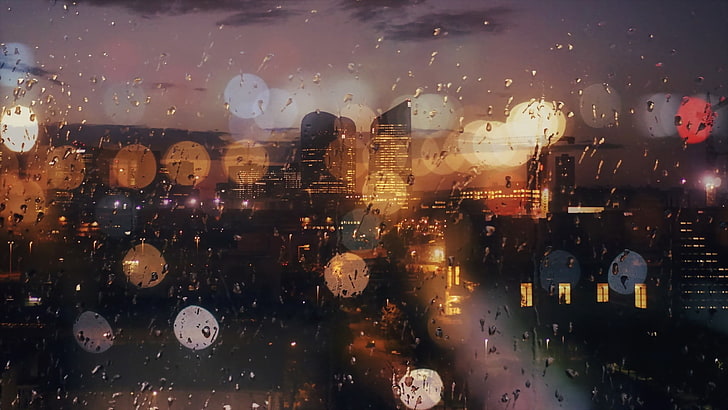 raining in the city, water drops, water on glass, glass - material, HD wallpaper
