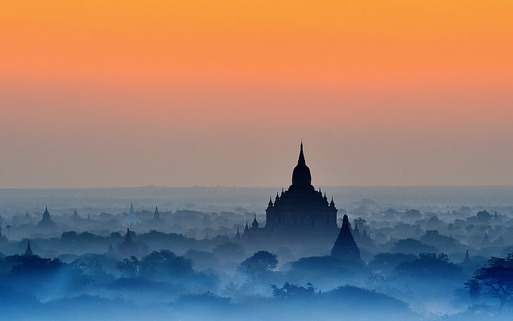 nature, landscape, Bagan, temple, mist, blue, trees, amber, HD wallpaper