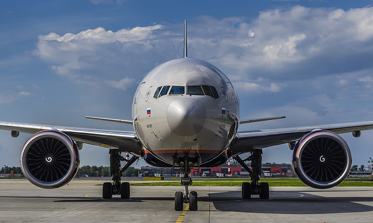 white airliner, wings, turbine, airport, Boeing, the plane, Aeroflot