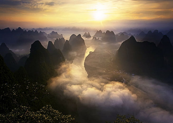 nature landscape sunrise mist mountains river shrubs sky town road guilin china, HD wallpaper
