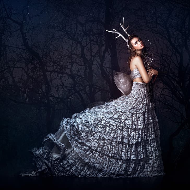 girl, trees, pose, style, mood, dress, horns, Bella Kotak, HD wallpaper