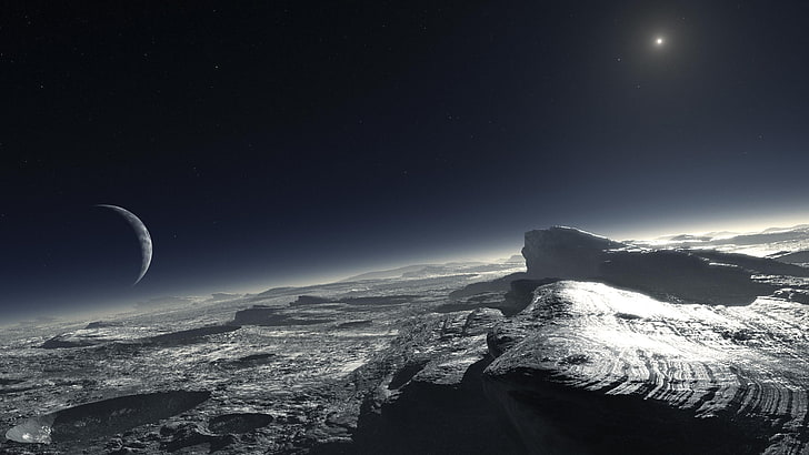 Pluto, Sun, planet, space art, digital art, sky, moon, astronomy, HD wallpaper