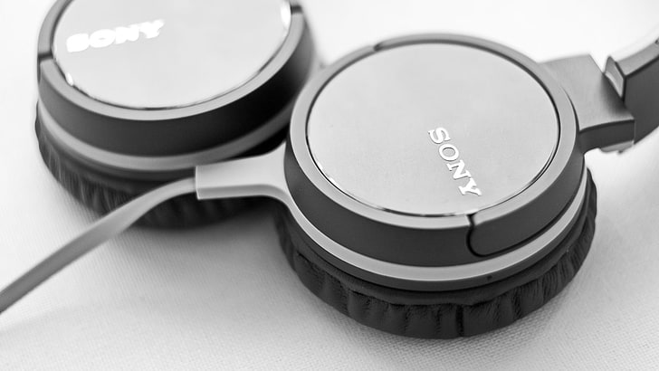 black and gray Sony corded headphones, headsets, earphones, music
