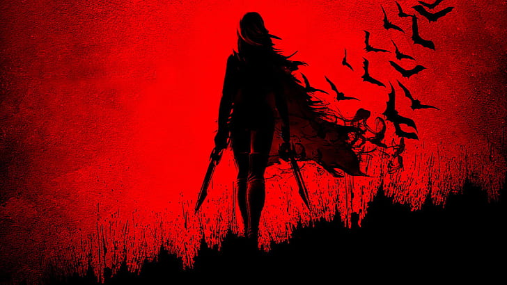Dark Legends Red Bats Warrior HD, woman in black cape holding 2 daggers print