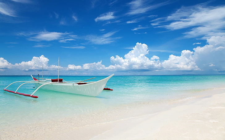 white boat, nature, landscape, beach, sea, clouds, sand, sky, HD wallpaper