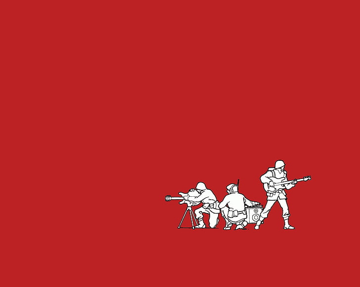 three soldier illustration with red background, humor, studio shot