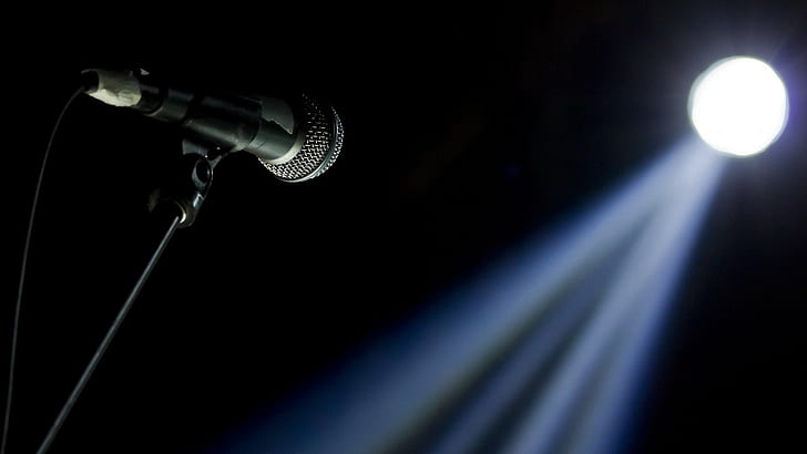 black background, microphone, lights, minimalism, wire, stages, HD wallpaper