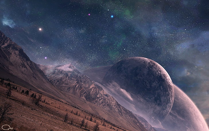 stars, space, planet, mountains, snowy peak, clouds, artwork, HD wallpaper