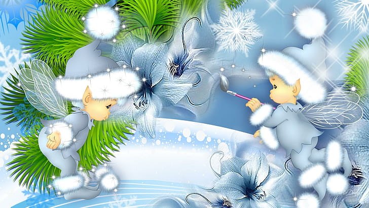 Painting Winter Blue, snowflakes, christmas, elves, paint brush, HD wallpaper