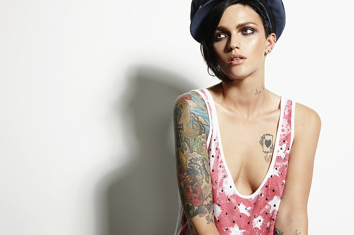 Ruby Rose (actress), tattoo, simple background, young adult, HD wallpaper