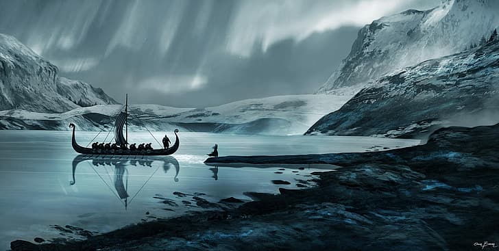 artwork, fantasy art, Vikings, ship, longships, HD wallpaper