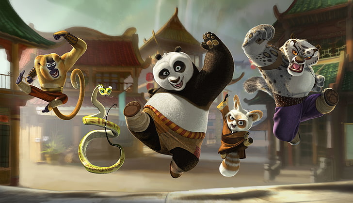 Kung Fu Panda illustration, Monkey, Cartoon, Viper, Master Oogway, HD wallpaper