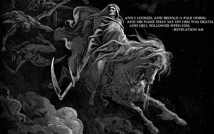 apocalyptic drawing horse death heaven and hell holy bible gustave dore, HD wallpaper