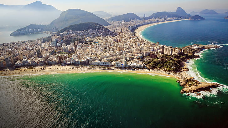 Brazil, Rio de Janeiro, Copacabana, beach, mountains, sky, atlantic ocean