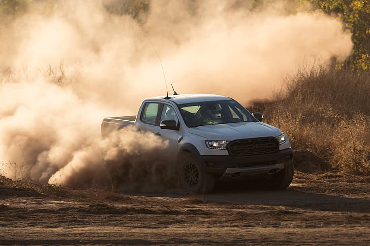 white, Ford, dust, turn, Raptor, pickup, 2018, Ranger