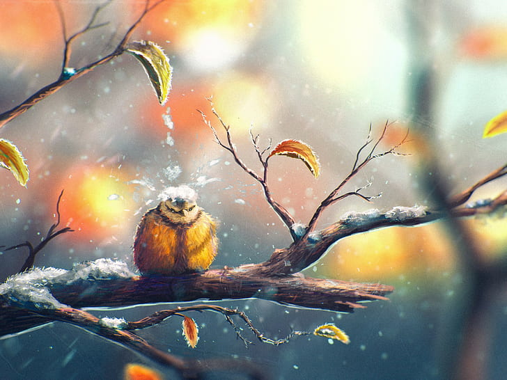drawing nature animals winter snow sylar birds leaves fall titmouse, HD wallpaper