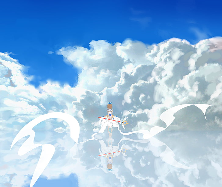 sakura kinomoto, clouds, staff, cardcaptor sakura, back view