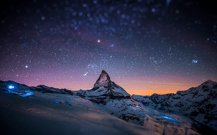 mountain, peak, stars, sky, night, light, snow, HD wallpaper