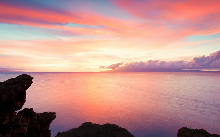 landscape, sky, sea, nature, sunset, pink, violet, calm, horizon, HD wallpaper