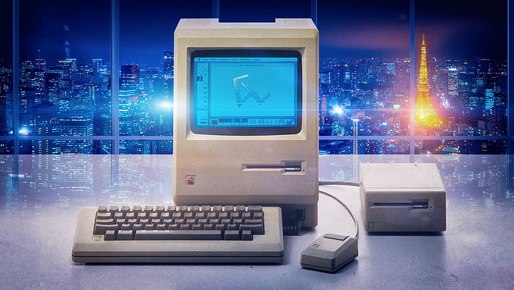 gray monitor, keyboard, and computer mouse, vaporwave, Macintosh