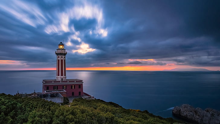 sea, the sky, clouds, sunset, coast, lighthouse, Italy, Campania