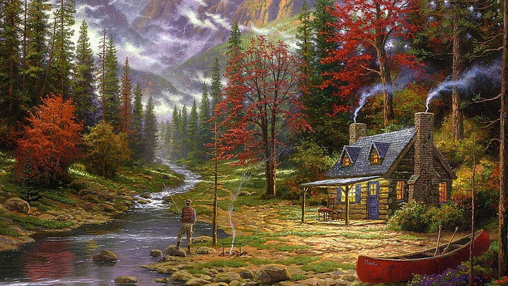 man standing beside river painting, cottage, canoes, fishing, HD wallpaper