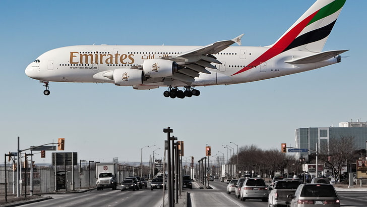 airplane, Airbus A-380-861, Emirates, passenger aircraft, traffic, HD wallpaper