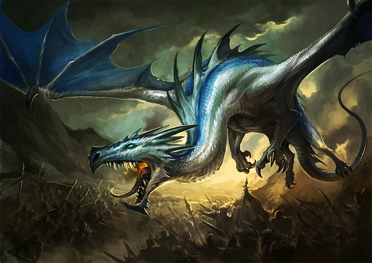 blue and gray dragon digital wallpaper, warrior, fantasy art