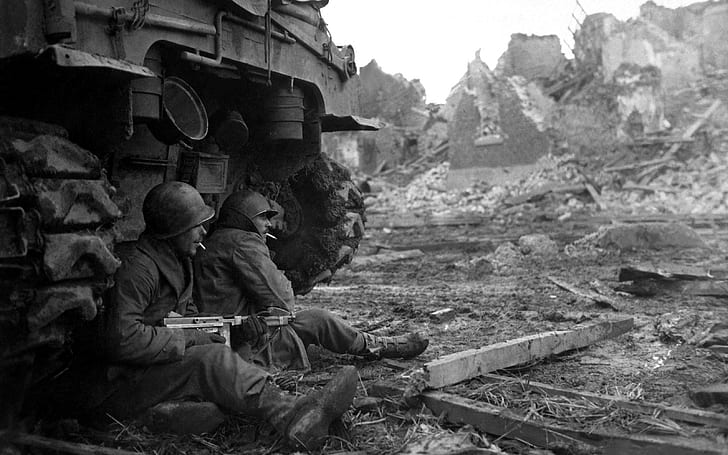 war, tommy gun, tank, World War II, monochrome