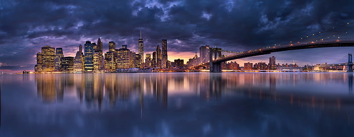 Brooklyn Bridge, New York City, clouds, Manhattan, water, skyscraper