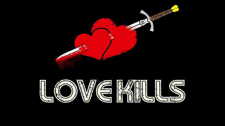 Love Kills logo, sword, heart, music, musical instrument, arts culture and entertainment