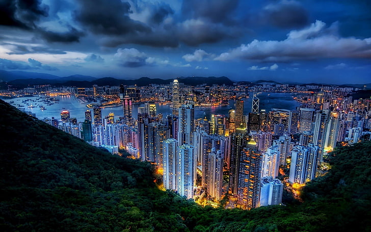 areal view of city buildings, cityscape, HDR, Hong Kong, China