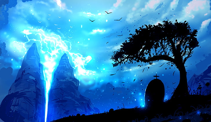 HD wallpaper: Anime, Original, Bird, Blue, Cloud, Grave, Lightning, Sky,  Tree | Wallpaper Flare