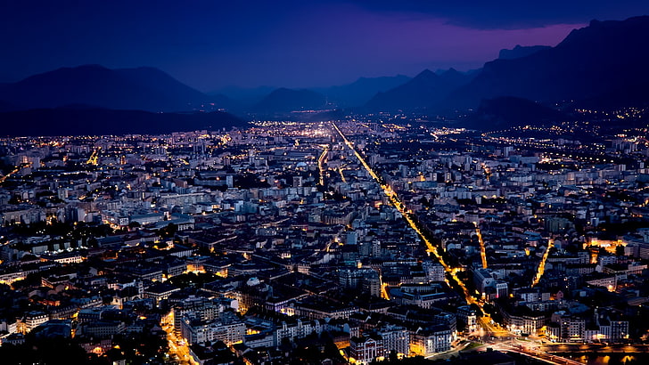 city digital wallpaper, cityscape, night, lights, Grenoble, France, HD wallpaper